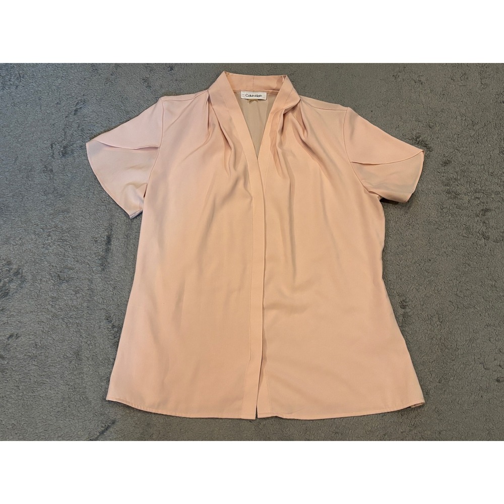 Calvin Klein Womens Peach Pink V-Neck Pleated Tulip Sleeve Blouse Top RN54163